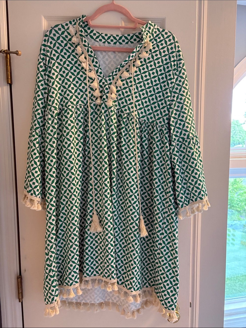 Green Geometric Tassel Tunic with Cream Trim